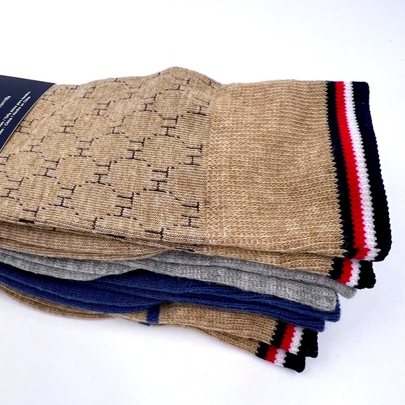 TOMMY HILFIGER,MEN’S DRESS CREW SOCKS, 4 PAIRS DECORATIVE TAN,GREY, BLUE 1 SIZE - Picture 10 of 16
